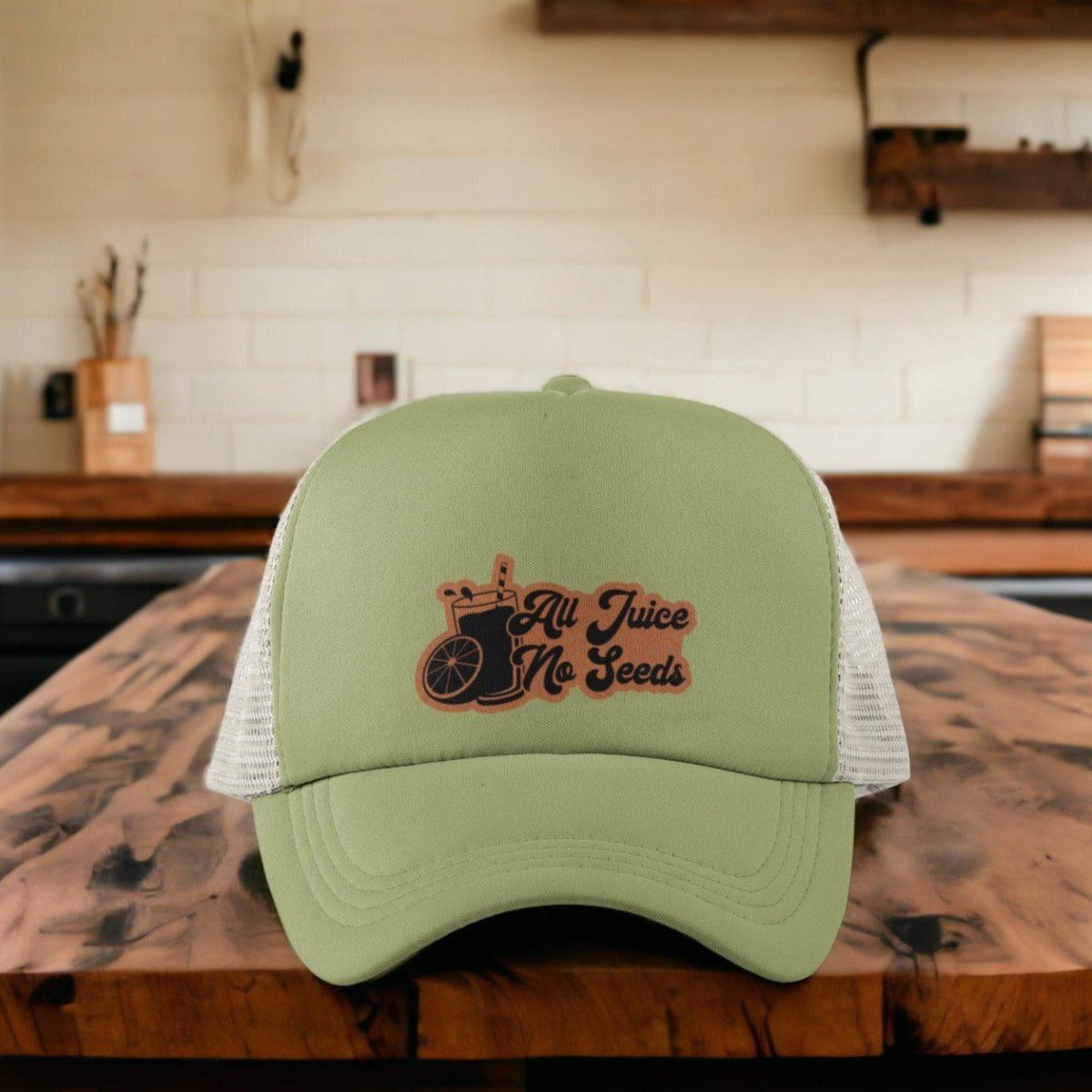 All Juice No Seeds Leather Patch Trucker Hat Vasectomy Joke - Trucker Hat - Charm and Char