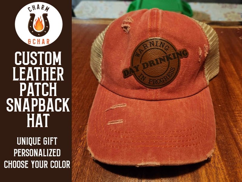 Day Drinking in Progress Leather Patch Trucker Hats - Classic Colors - Trucker Hat - Charm and Char