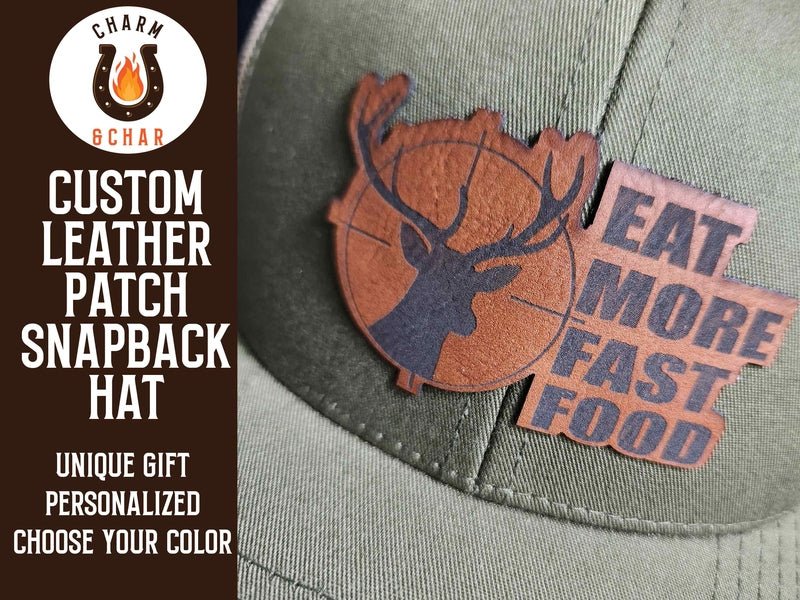 Eat More Fast Food Deer Hunting Leather Patch Trucker Hat - Trucker Hat - Charm and Char