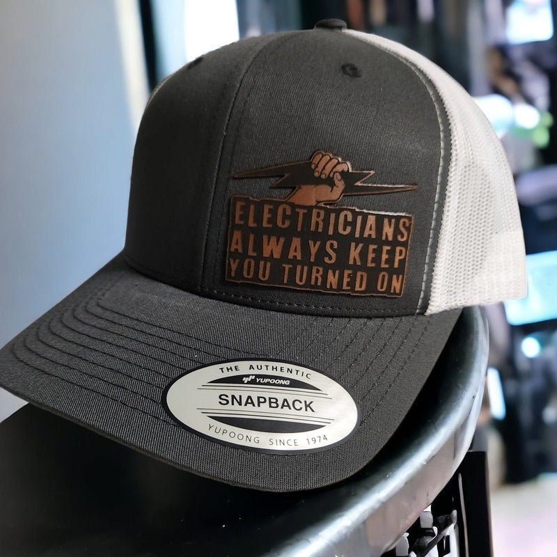 Electricians Always Keep you Turned On Leather Patch Trucker Hat for Electricians - Trucker Hat - Charm and Char