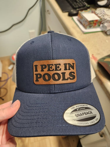 I Pee in Pools Leather Patch Trucker Hat – Hilarious Poolside Snapback - Trucker Hat - Charm and Char