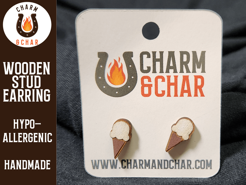 Ice Cream Cone Wood Stud Earrings - Dessert Fashion Earring - Stud Earring - Charm and Char