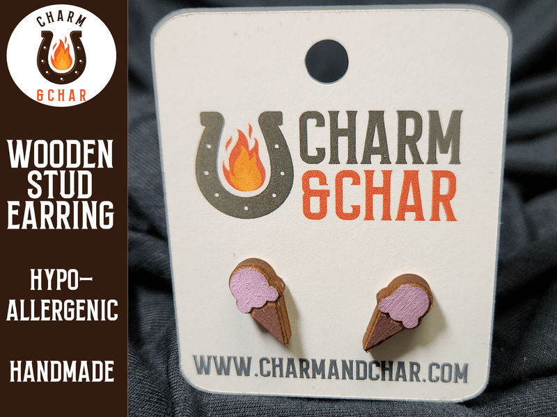 Ice Cream Cone Wood Stud Earrings - Dessert Fashion Earring - Stud Earring - Charm and Char