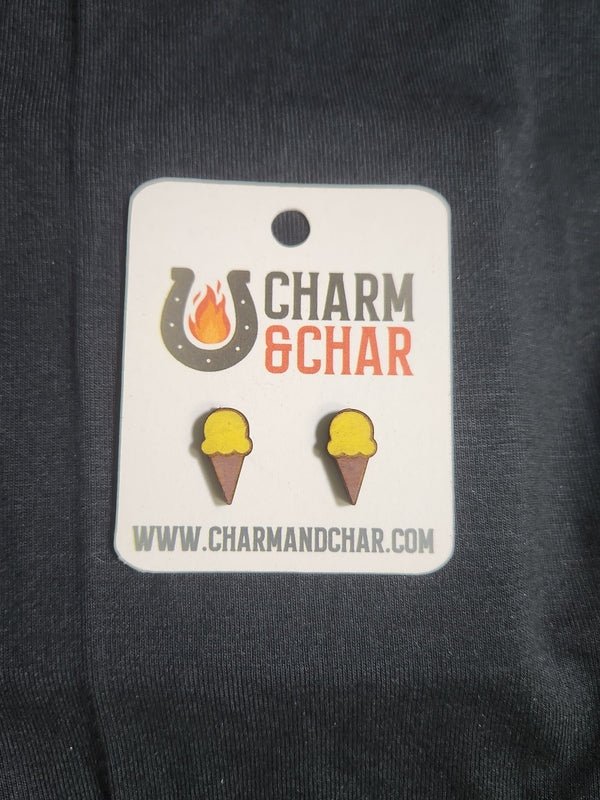 Ice Cream Cone Wood Stud Earrings - Dessert Fashion Earring - Stud Earring - Charm and Char