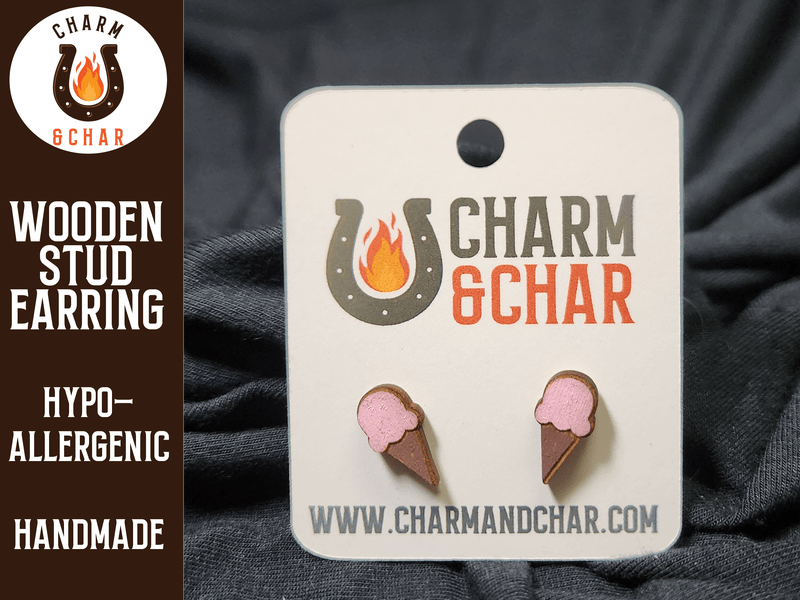 Ice Cream Cone Wood Stud Earrings - Dessert Fashion Earring - Stud Earring - Charm and Char
