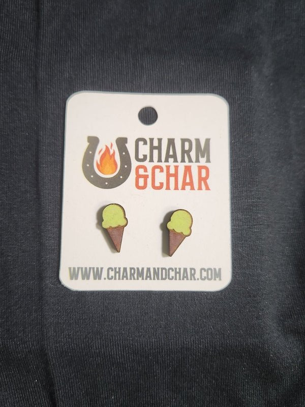 Ice Cream Cone Wood Stud Earrings - Dessert Fashion Earring - Stud Earring - Charm and Char