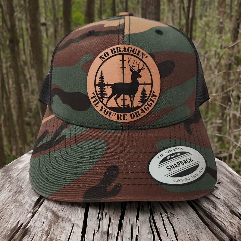 No Braggin' Til You're Draggin Leather Patch Trucker Hat for Hunting Lovers - Trucker Hat - Charm and Char