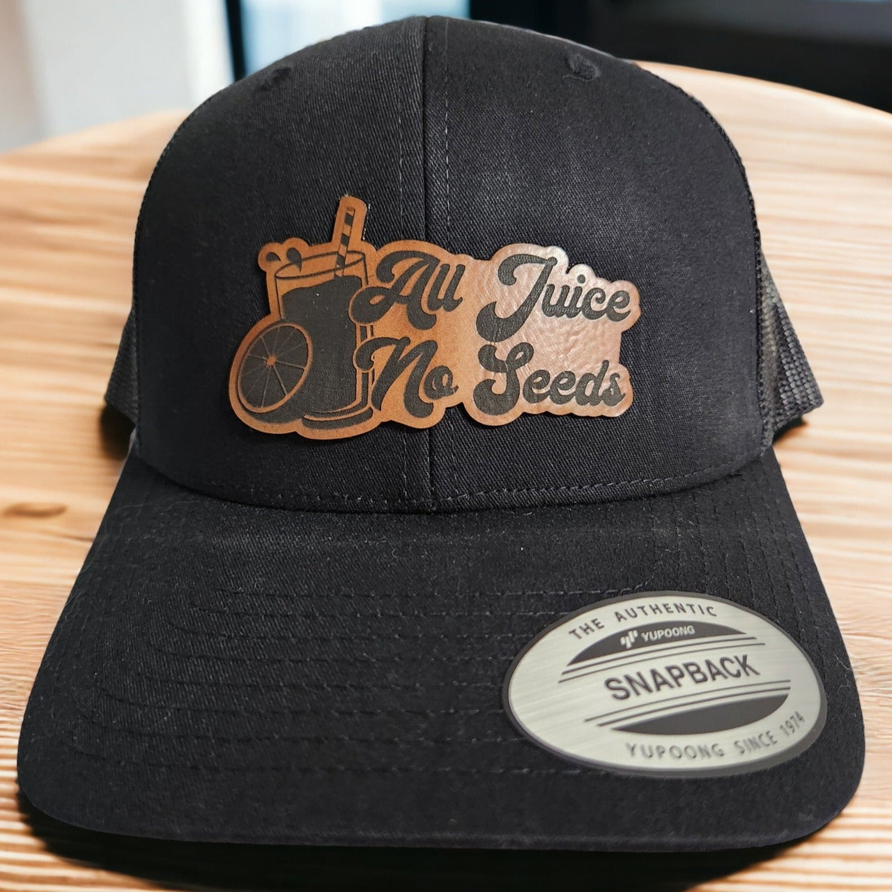 All Juice No Seeds Leather Patch Trucker Hat Vasectomy Joke
