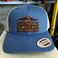 Thumbnail for Electricians Always Keep you Turned On Leather Patch Trucker Hat for Electricians