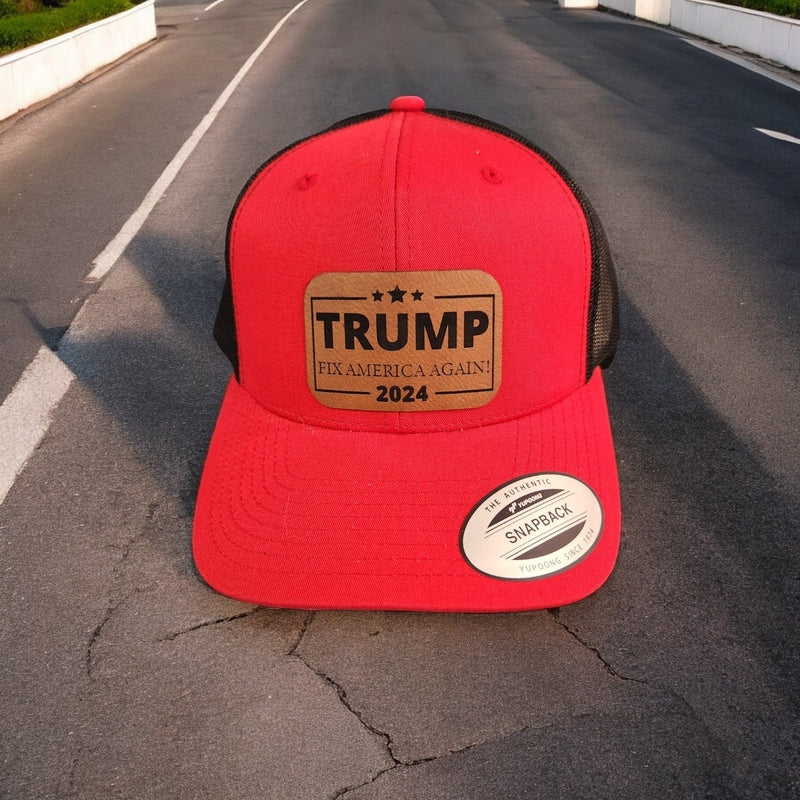 Trump 2024 Fix America Again Leather Patch Hat Red/Black