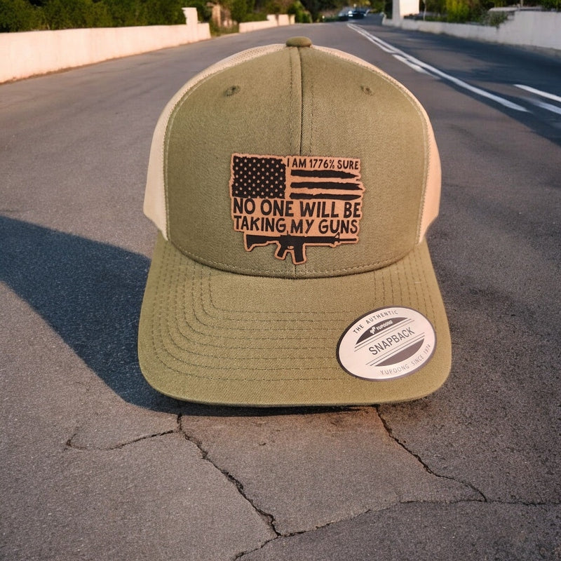 1776% Sure: No One Takes My Guns Leather Patch Trucker Hat Moss/Khaki