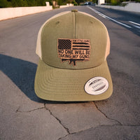 Thumbnail for 1776% Sure: No One Takes My Guns Leather Patch Trucker Hat Moss/Khaki