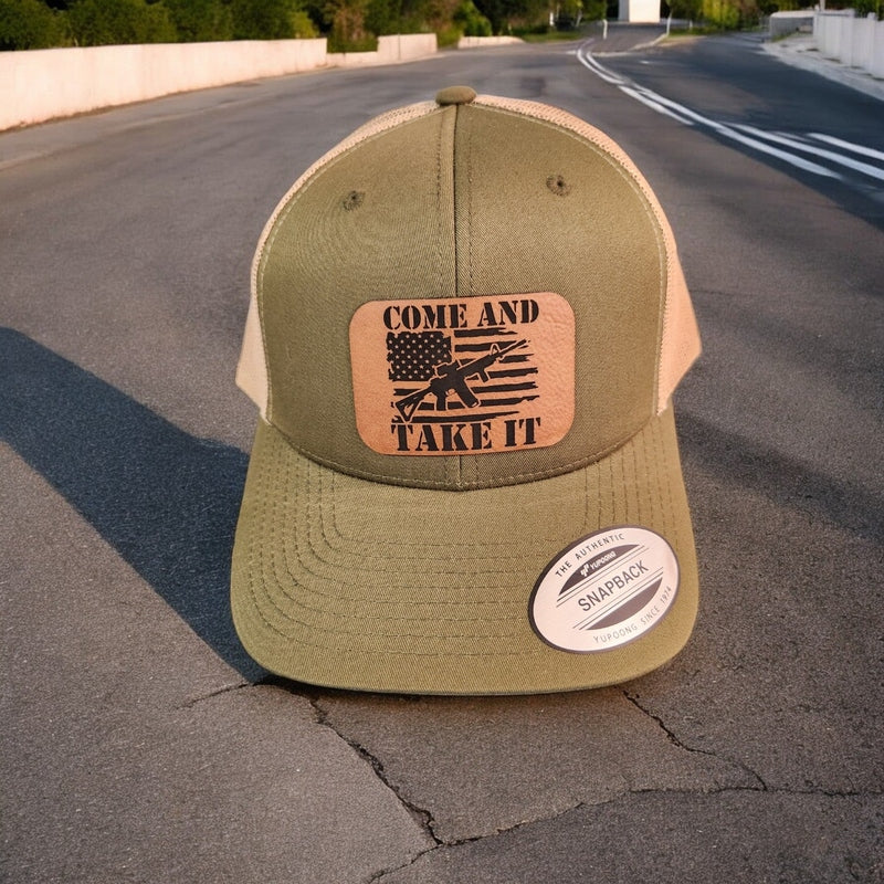 Come and Take It American Flag AR Leather Patch Trucker Hat Moss/Khaki