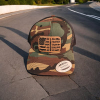 Thumbnail for All Faster Than Dialing 911 Ammunition & American Flag Leather Patch Trucker Hat Camo