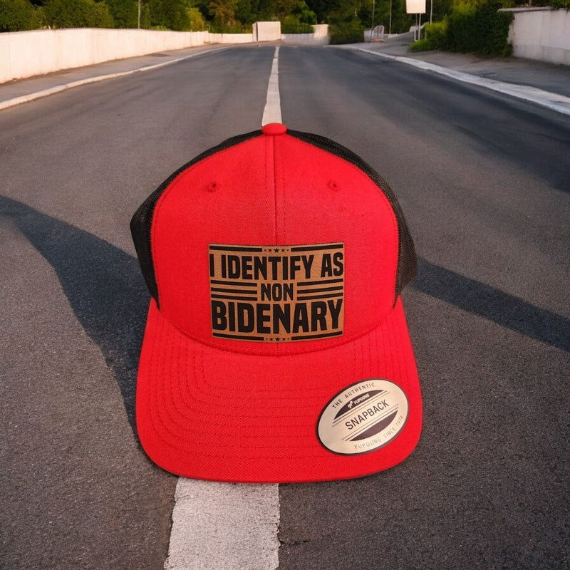 I Identify as Non-Bidenary Leather Patch Trucker Hat Red/Black