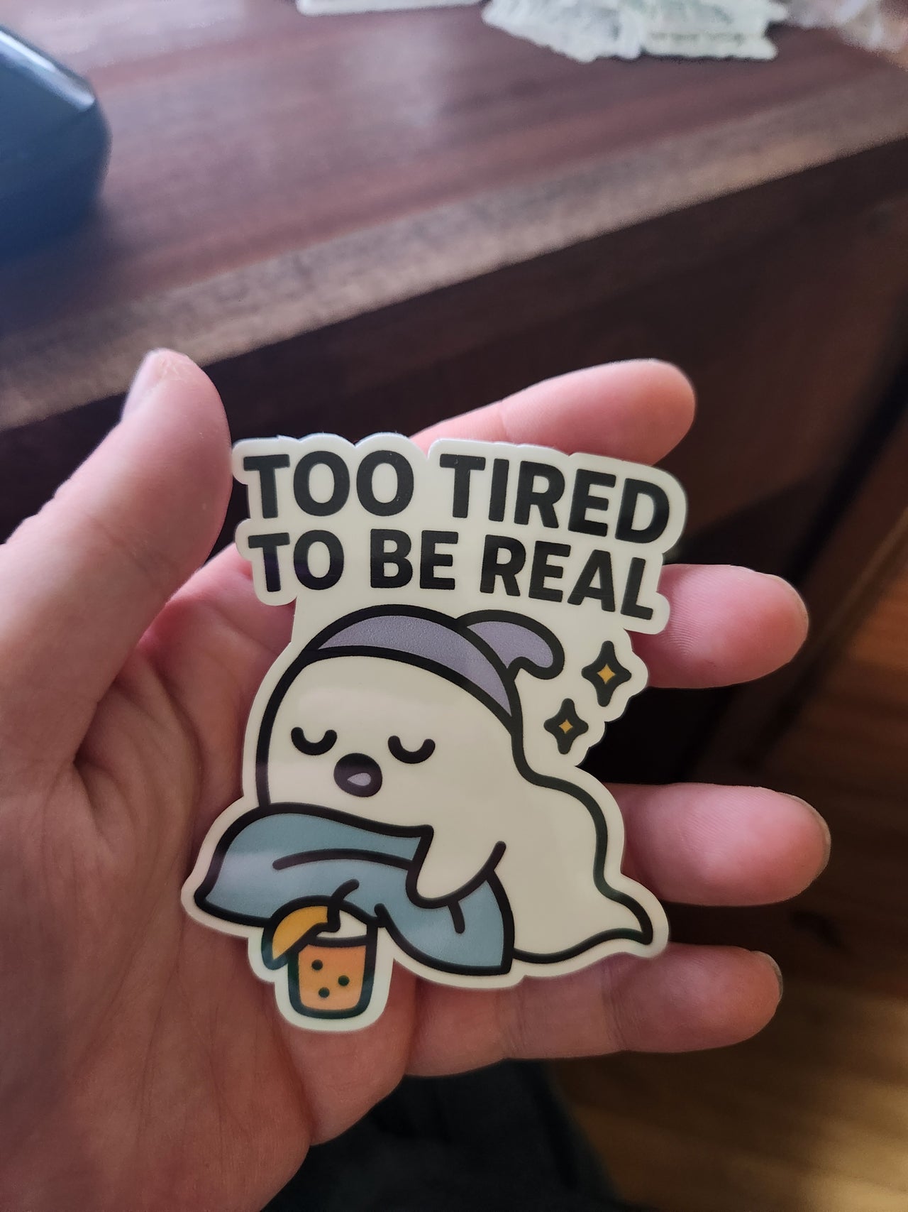 Too Tired to Be Real Ghost Sticker – Sleepy Ghost with Bubble Tea