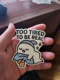 Thumbnail for Too Tired to Be Real Ghost Sticker – Sleepy Ghost with Bubble Tea