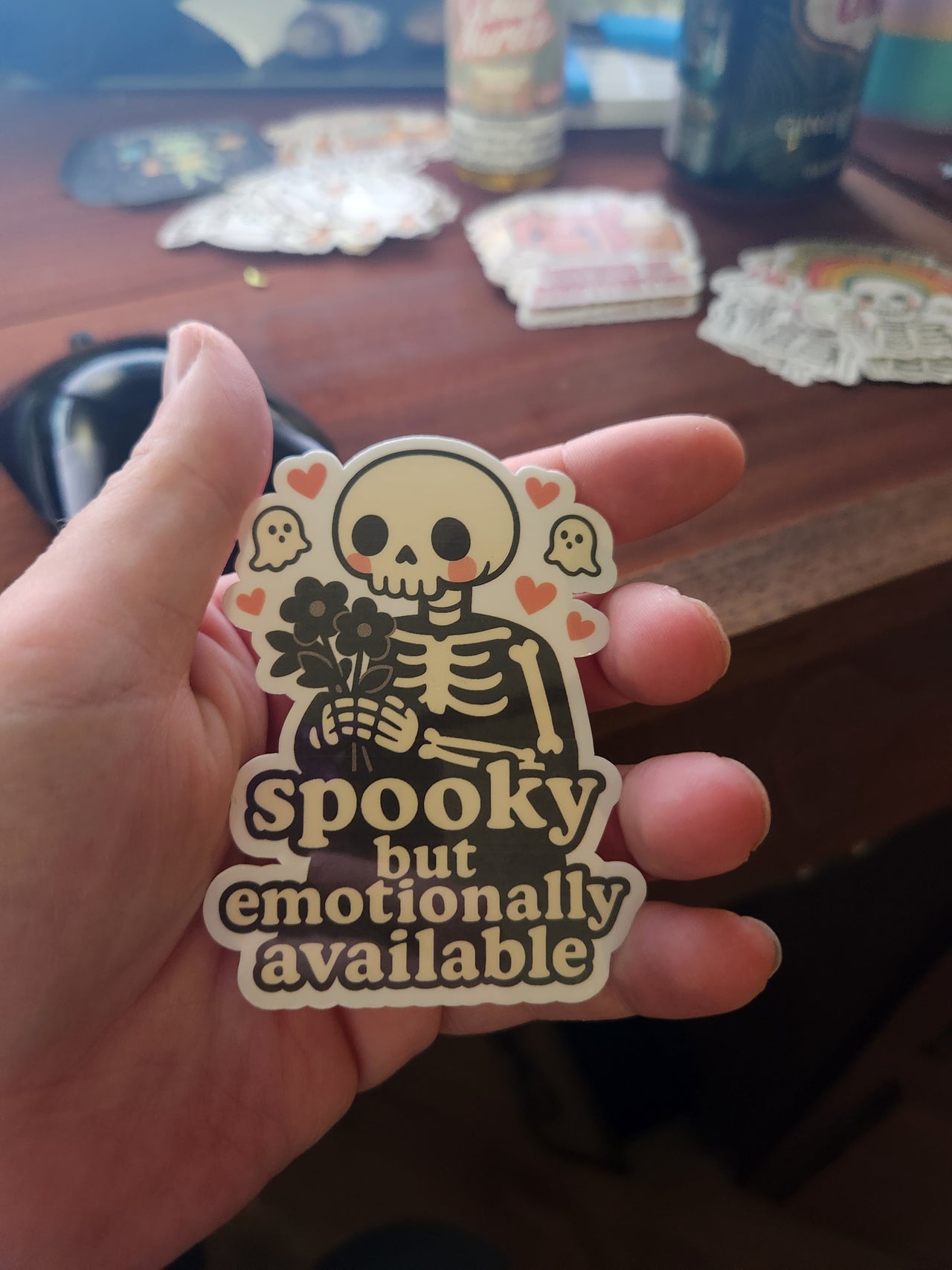 Spooky But Emotionally Available Sticker – Skeleton Halloween Cute Ghost Vinyl