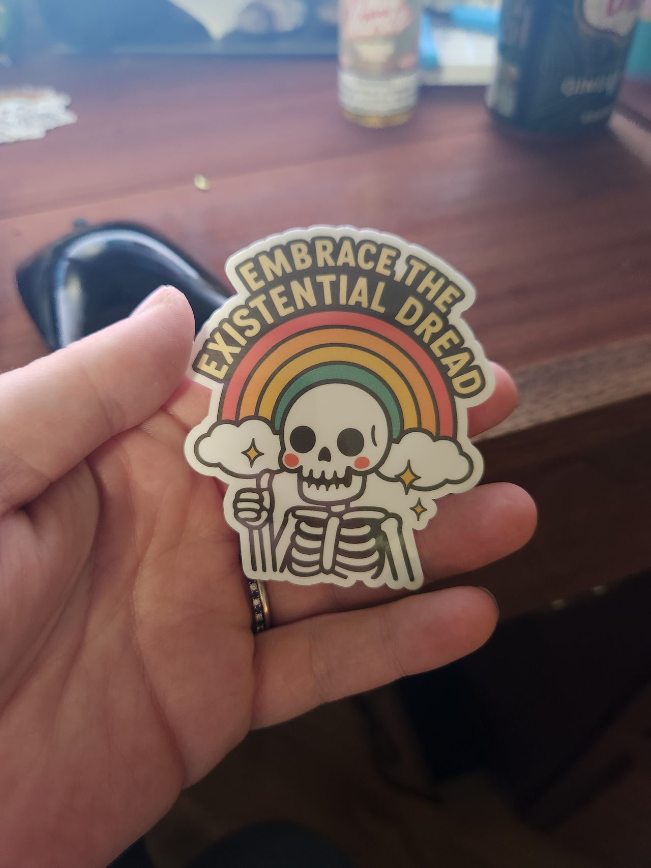 Embrace the Existential Dread Sticker – Rainbow Skeleton Meme Decal