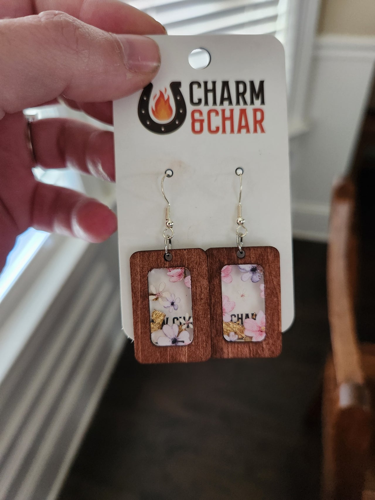 Floral Frame Rectangle Earrings – Wood & Acrylic Inlay