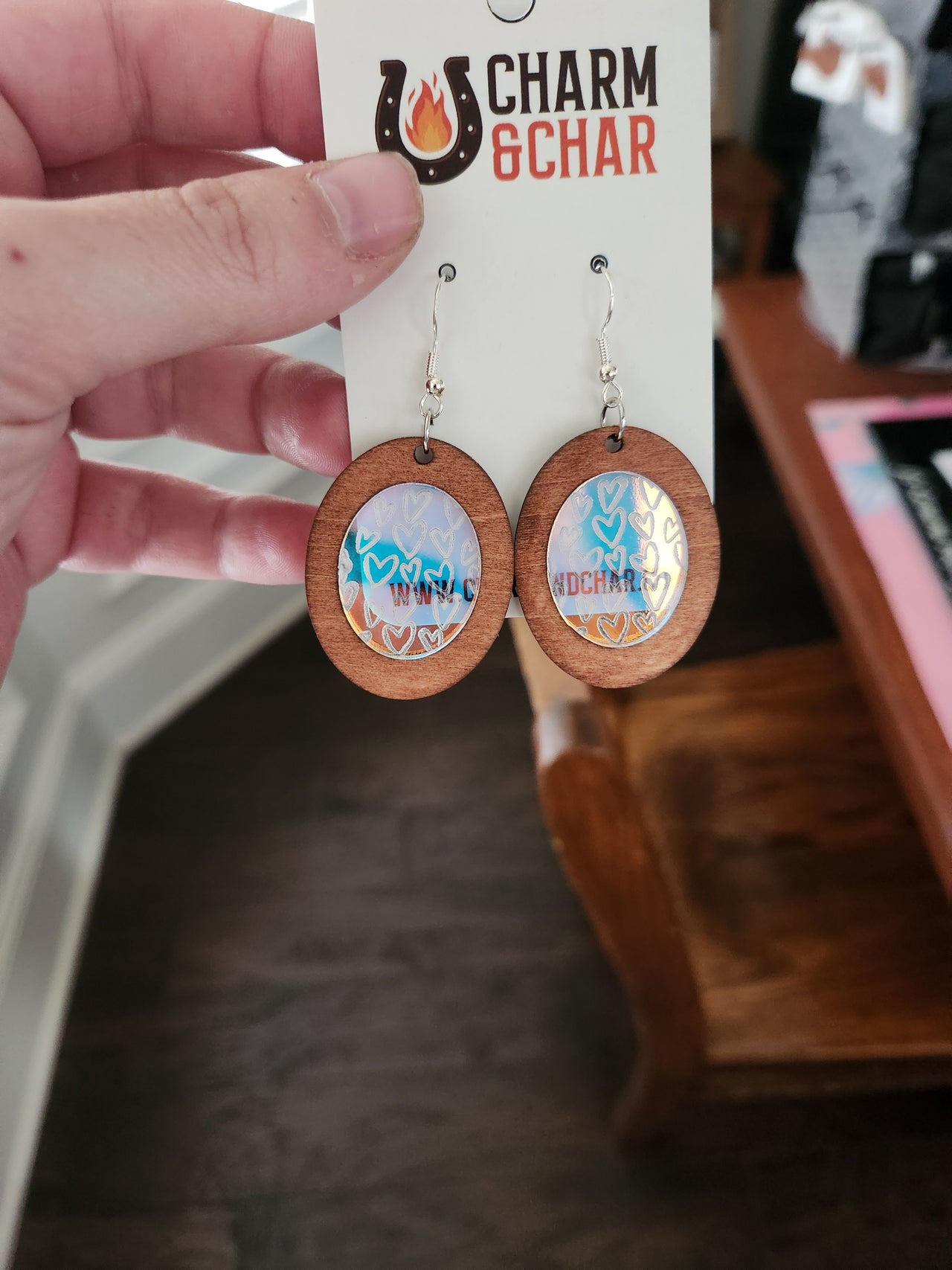 Holographic Heart Hoop Earrings – Wood & Acrylic Statement Jewelry