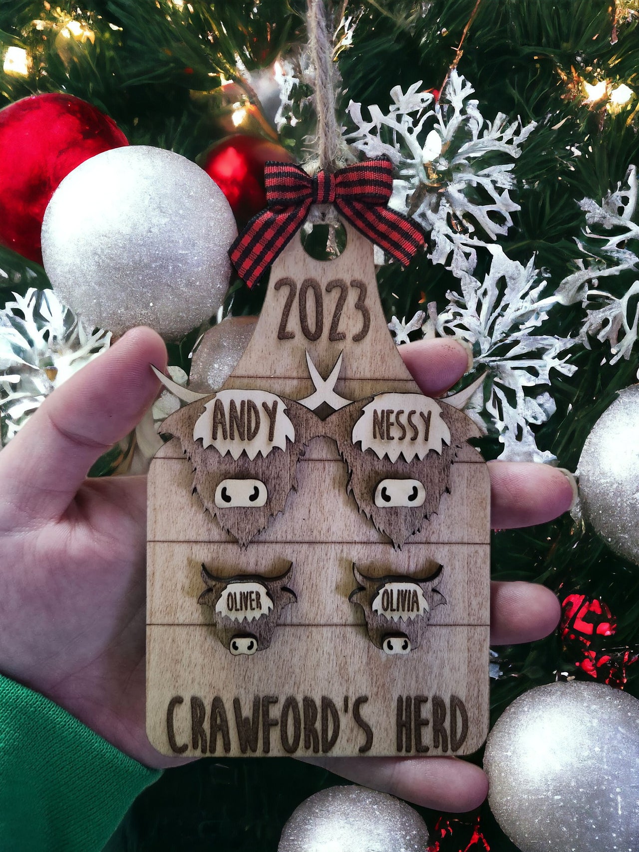 Highland Cow Family Herd Laser Engraved Christmas Ornament
