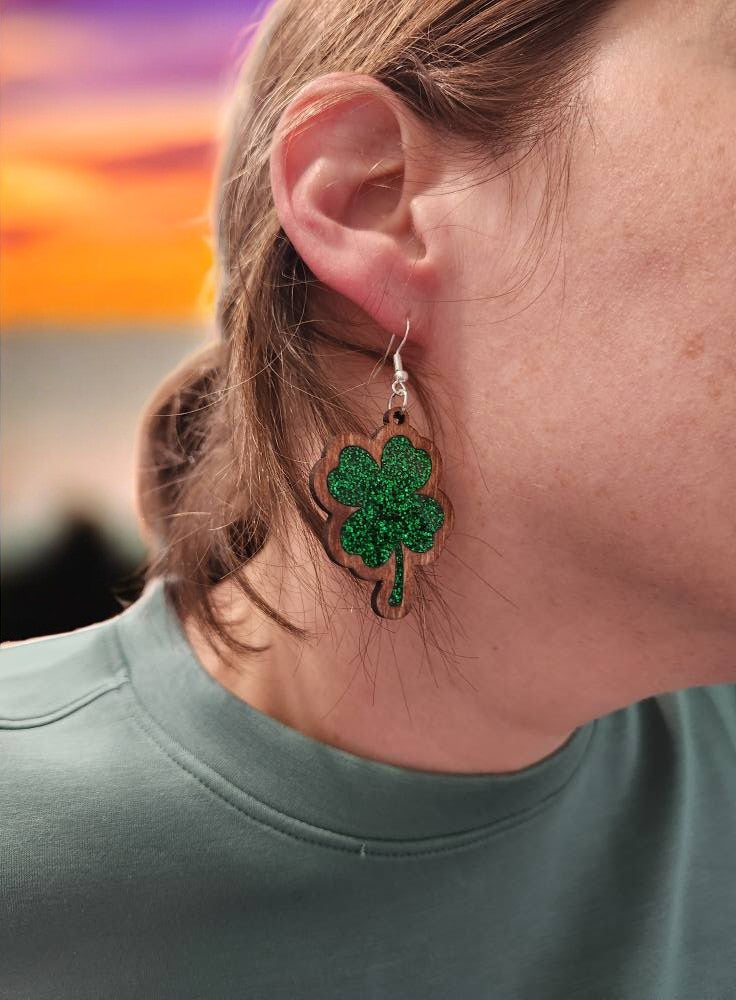 Limited Edition Glitter Clover Wood Earrings – St. Patrick’s Day Special