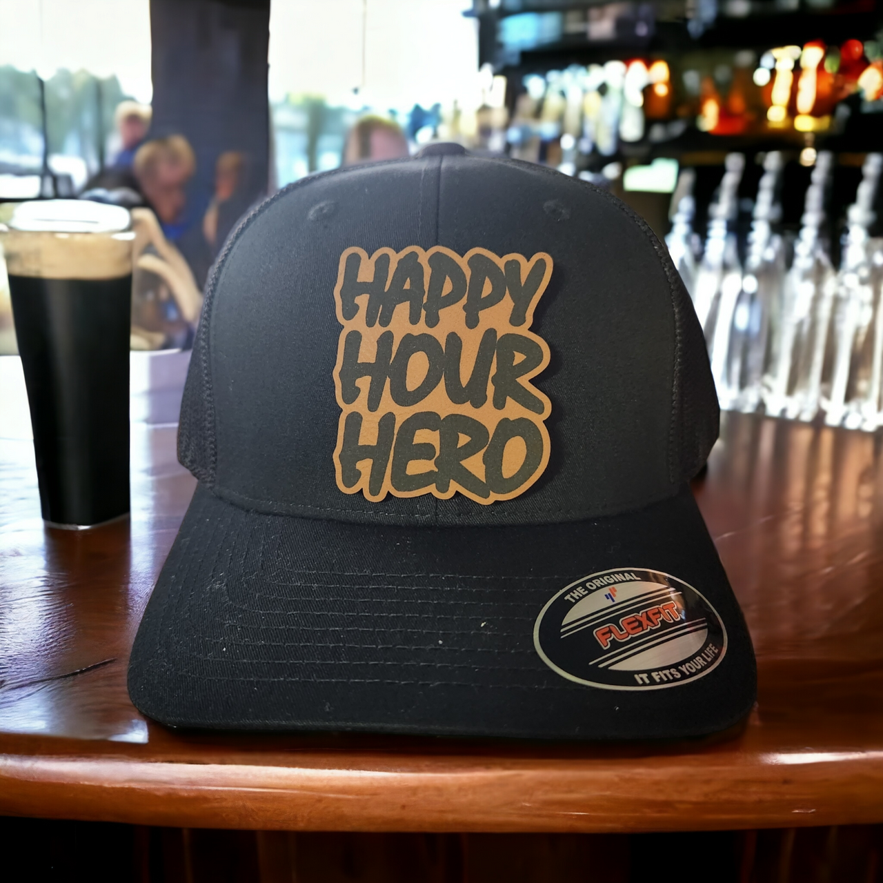 Happy Hour Hero Leather Patch Trucker Hat