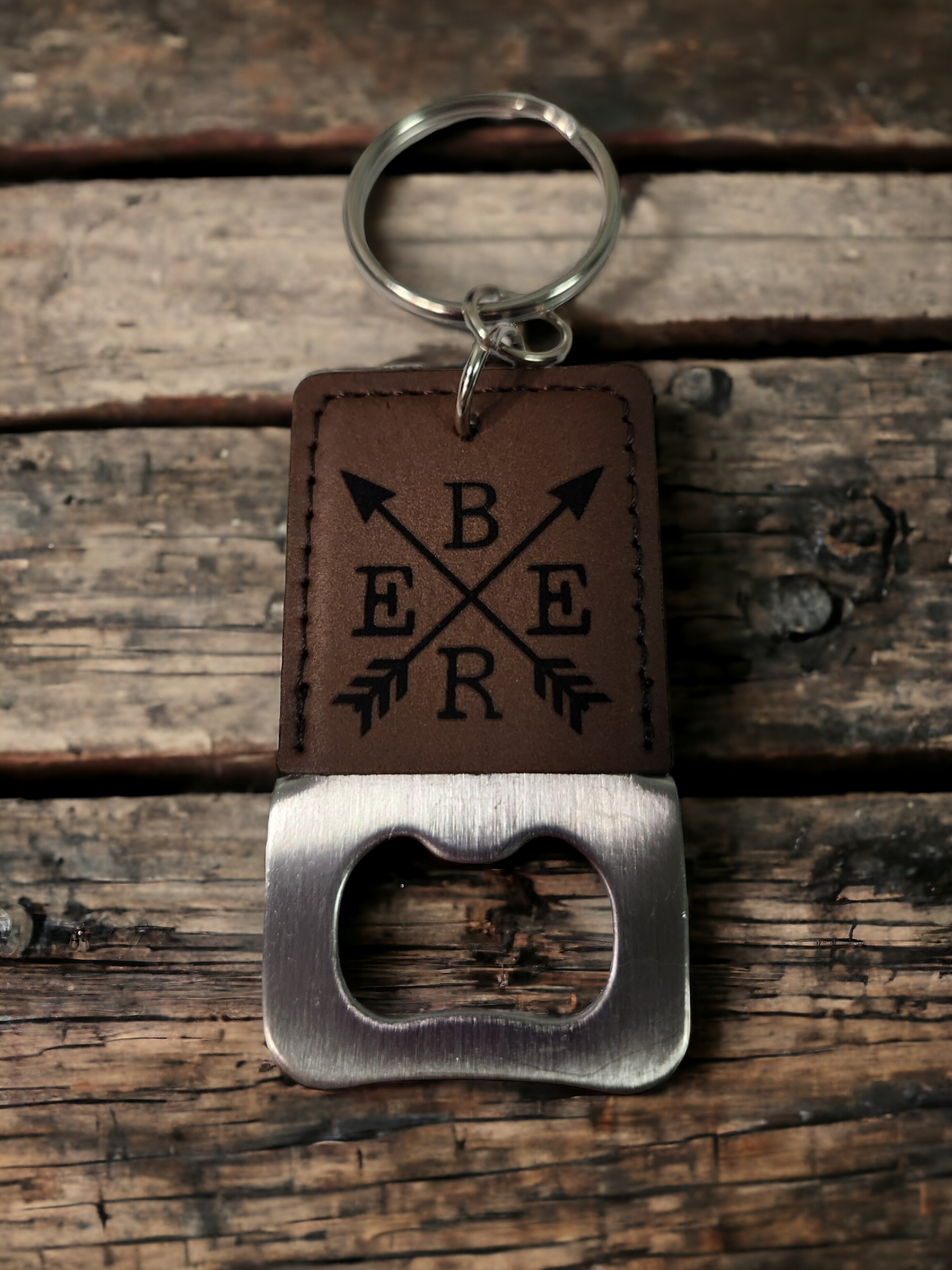 Crossed Arrows Beer Bottle Opener Keychain - Engraved Leatherette Design