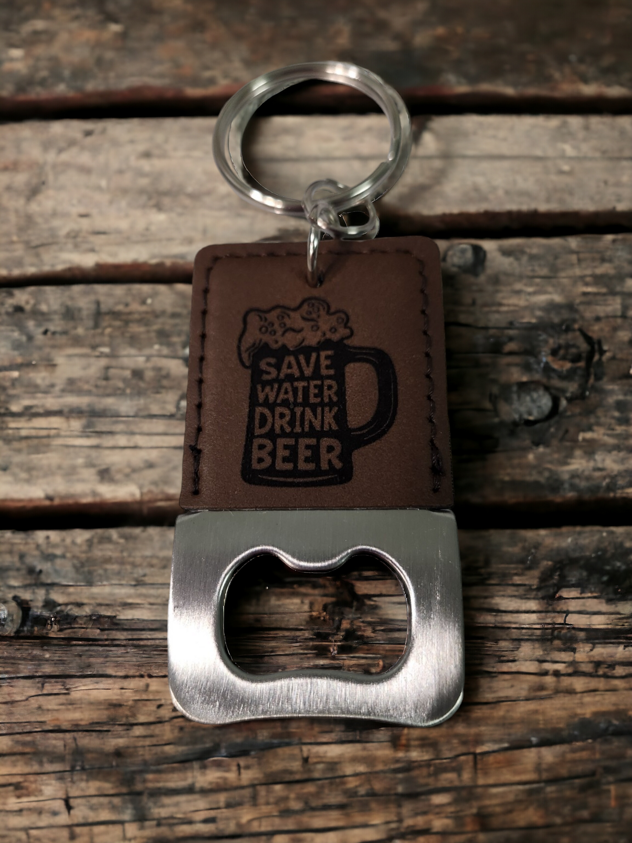 Save Water, Drink Beer Bottle Opener Keychain - Engraved Leatherette Design