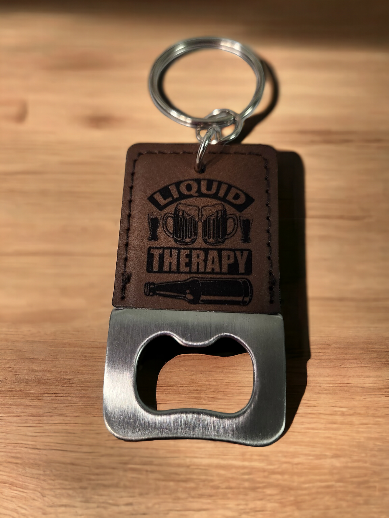 Liquid Therapy Bottle Opener Keychain - Engraved Leatherette Design