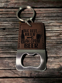 Thumbnail for The Best Beer is an Open Beer Bottle Opener Keychain - Engraved Leatherette Design