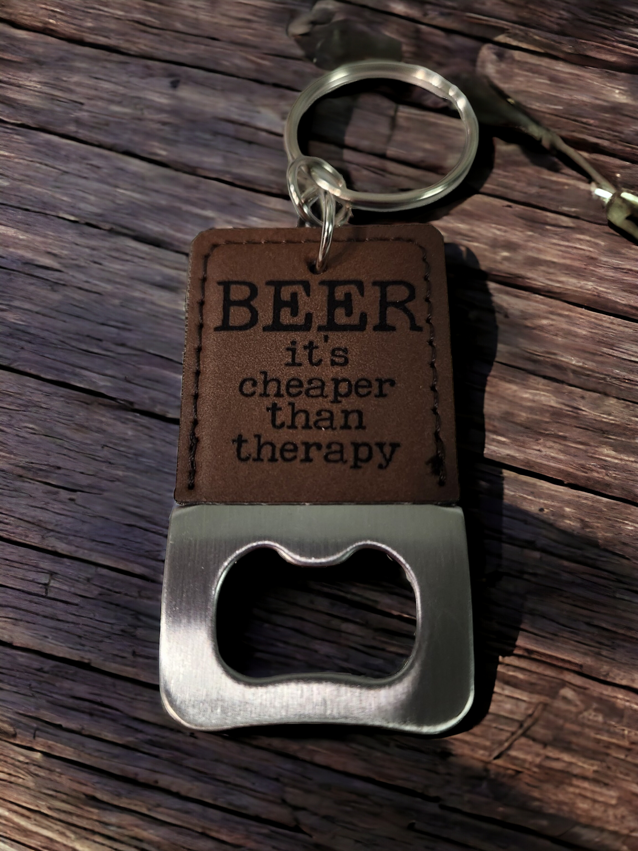 Beer: It's Cheaper Than Therapy Bottle Opener Keychain - Engraved Leatherette Design