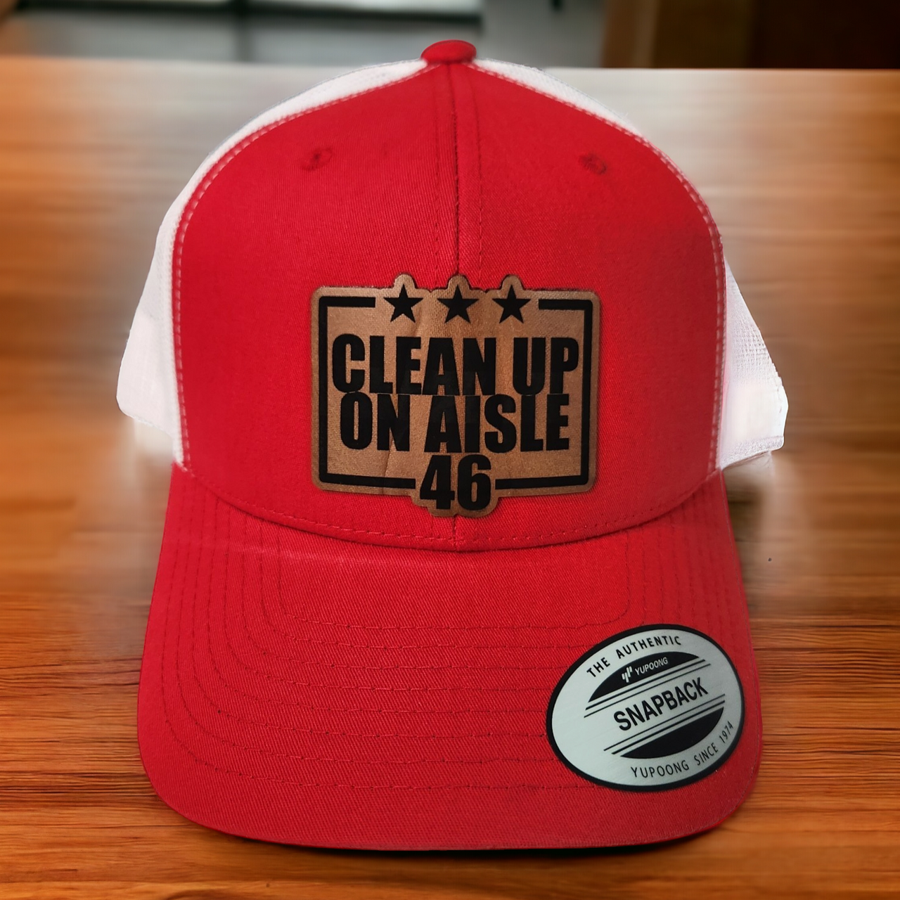 Clean Up on Aisle 46 Leather Patch Trucker Hat