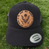 Thumbnail for In God We Trust, Guns Are Just Backup Leather Patch Trucker Hat