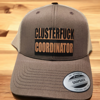 Thumbnail for Clusterfuck Coordinator Leather Patch Trucker Hat