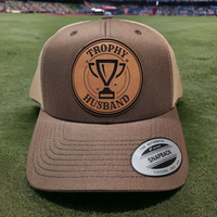 Thumbnail for Trophy Husband Leather Patch Trucker Hat