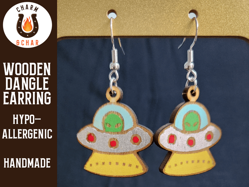 Alien UFO Wood Dangle Earrings - Outer Space Fashion Earring - Dangle Earring - Charm and Char