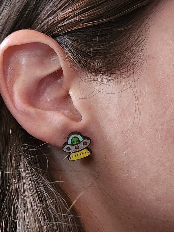 Alien UFO Wood Stud Earrings - Outer Space Fashion Earring - Stud Earring - Charm and Char