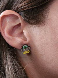 Thumbnail for Alien UFO Wood Stud Earrings - Outer Space Fashion Earring - Stud Earring - Charm and Char