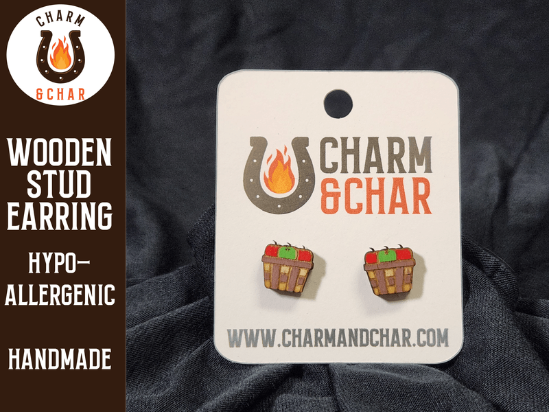 Apple Basket Wood Stud Earrings - Autumn Fashion Earring - Stud Earring - Charm and Char