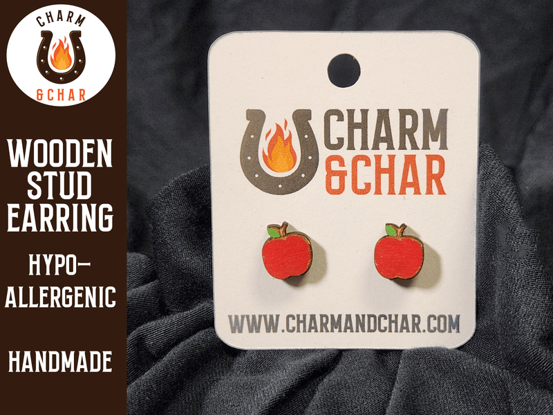 Apple Wood Stud Earrings - Back to School Fashion Earring - Stud Earring - Charm and Char