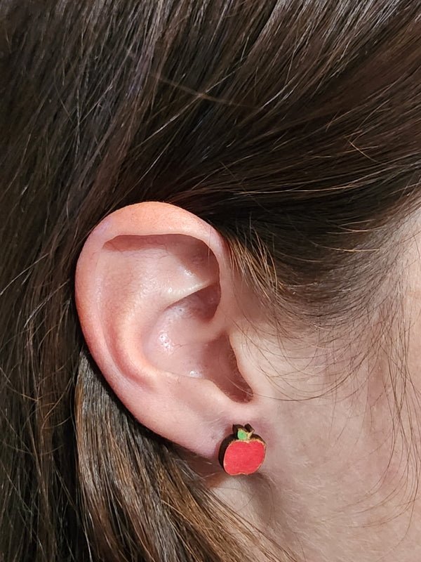 Apple Wood Stud Earrings - Back to School Fashion Earring - Stud Earring - Charm and Char