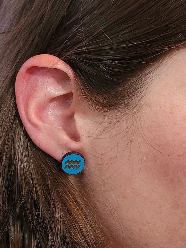 Aquarius Wood Stud Earrings - Zodiac Fashion Earring - Stud Earring - Charm and Char