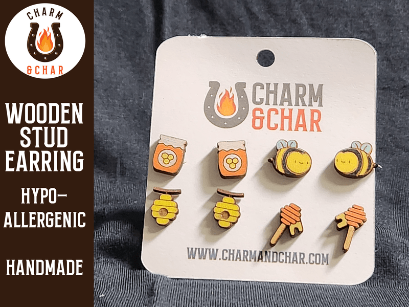 Bee Wood Stud Earrings - Beekeeper Fashion Earring Set - Stud Earring - Charm and Char