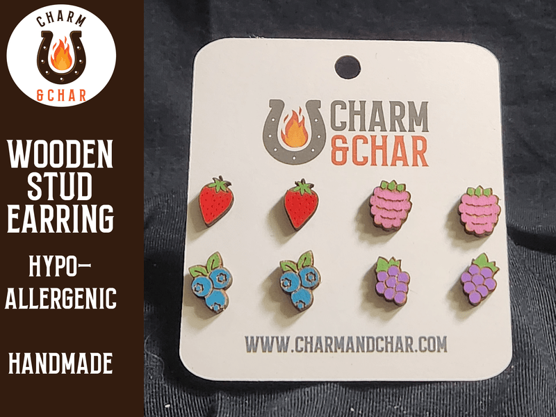 Berry Fruit Wood Stud Earrings - Food Fashion Earring Set - Stud Earring - Charm and Char
