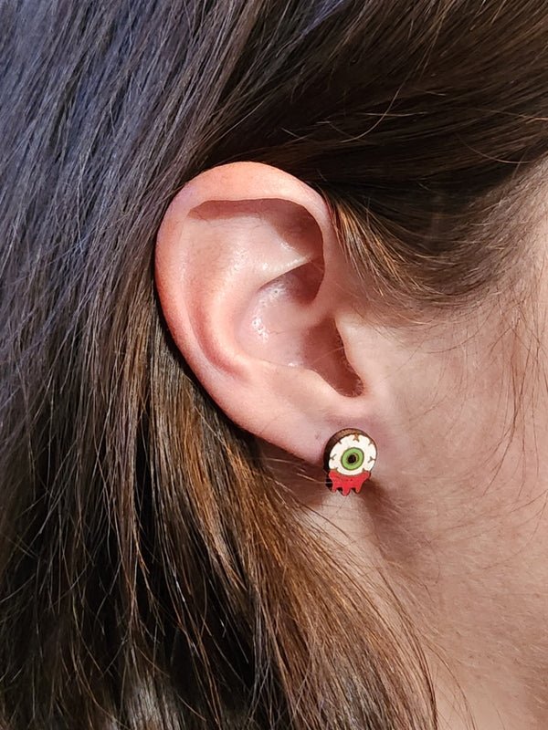 Bloody Eyeball Wood Stud Earrings - Halloween Fashion Earring - Stud Earring - Charm and Char
