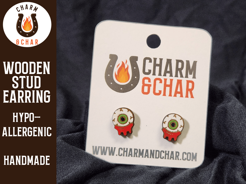 Bloody Eyeball Wood Stud Earrings - Halloween Fashion Earring - Stud Earring - Charm and Char