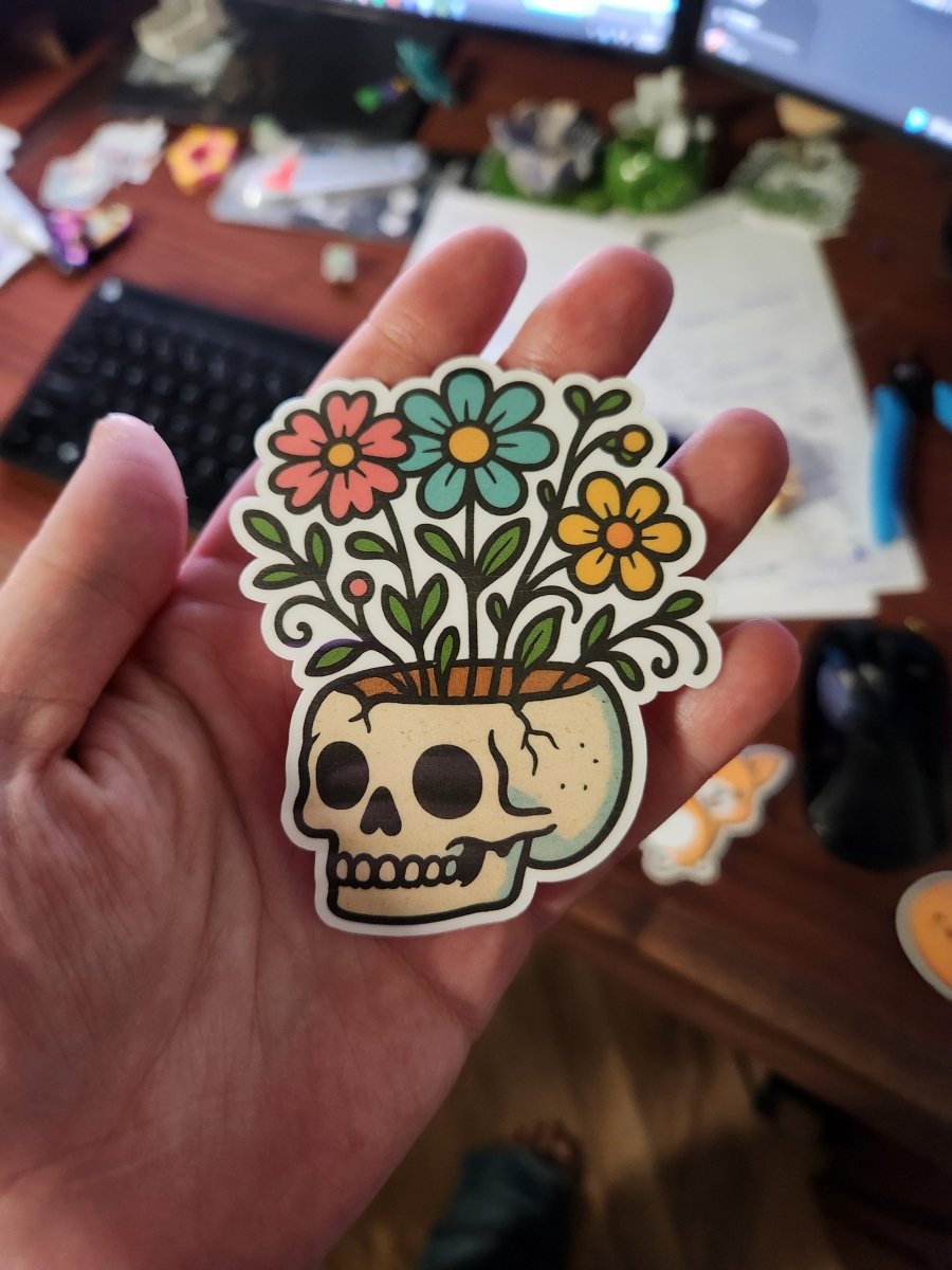 Blooming Skull Flowers Sticker – Goth Garden Aesthetic Vinyl Sticker - Sticker - Charm and Char