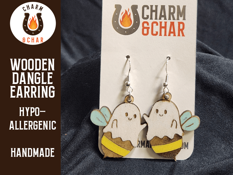 Boo Bee Ghost with Bee Wood Dangle Earrings - Halloween Fashion Earring - Dangle Earring - Charm and Char